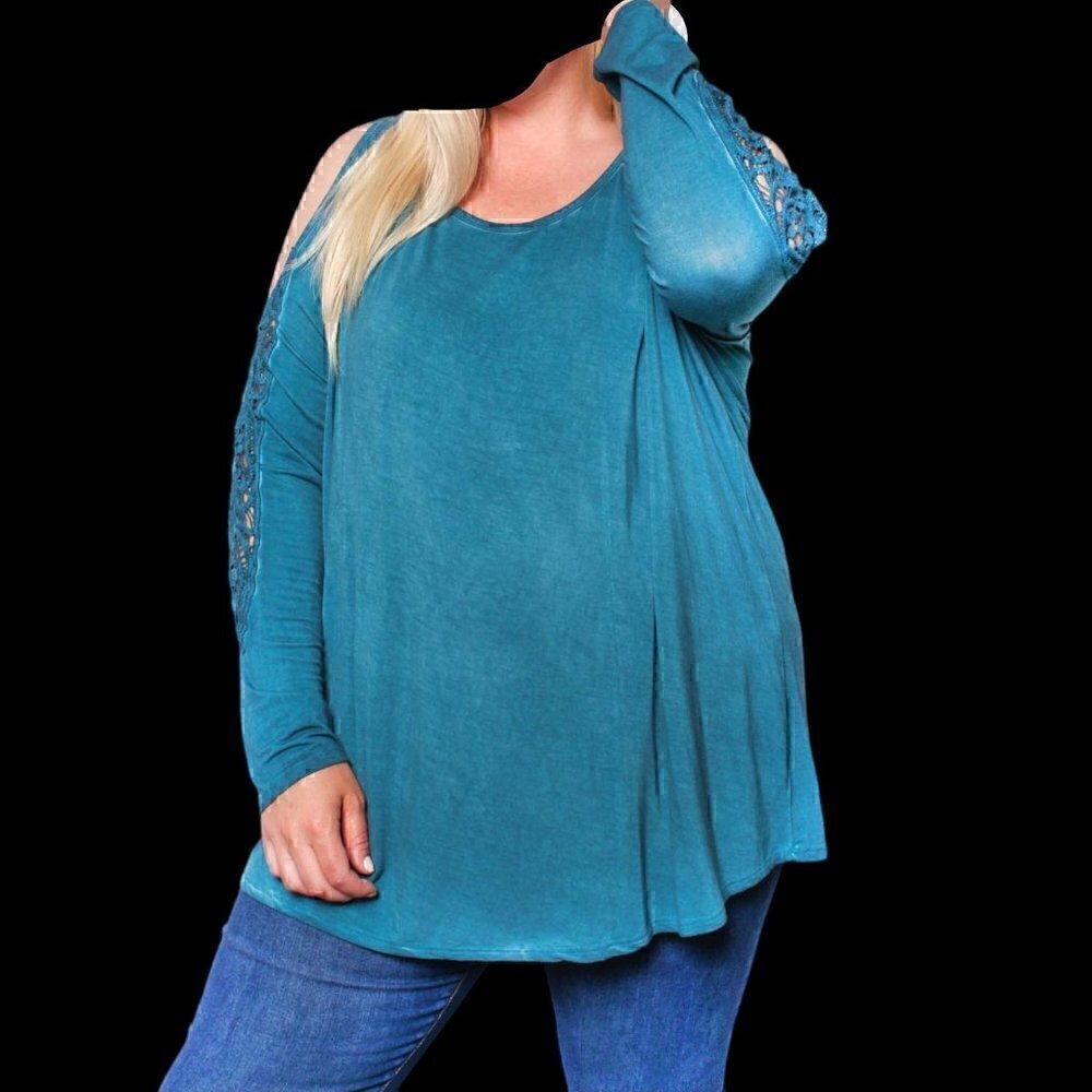 NWT - Plus Long Sleeve Teal Cold Shoulder Crochet Round Neck Solid Top - Size 1X - Picture 3 of 5